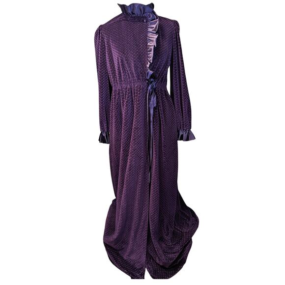 Vintage R. Michael Alan Long Velour Robe Ruffle Wm Small Plum Purple Holiday - Picture 12 of 14